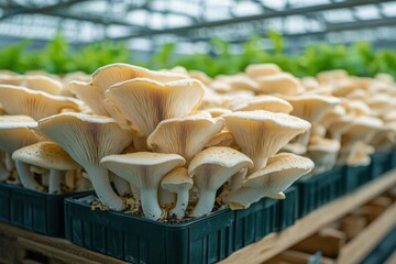 Clusters of pale mushrooms with textured gills growing densely in black trays inside a greenhouse setting with blurred greenery in the background