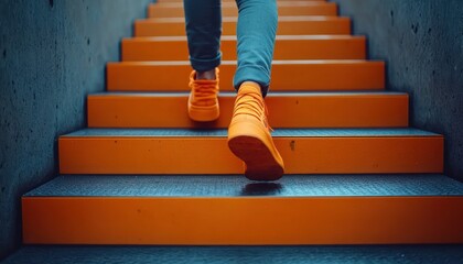 Person wearing orange sneakers ascending bright orange stairs with concrete walls on the sides in a modern setting