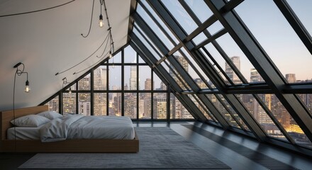 Fototapeta premium A modern loft bedroom boasts expansive city views, with geometric, dark-framed windows and warm-toned wooden furnishings.
