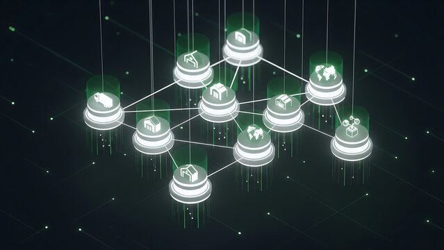 A glowing green digital network of connected nodes and icons, symbolizing a futuristic supply chain, global logistics, and smart factory management.