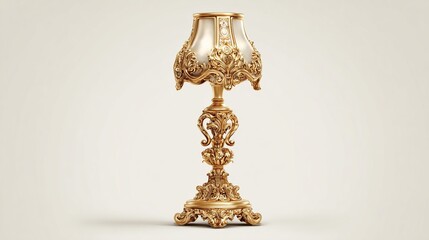 Ornate gold lamp with cream shade.  Detailed, decorative, and elegant table lamp with a cream-colored shade and gold-toned ornate base and finial.  