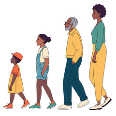 A diverse family of four, including a child, teenager, grandfather, and mother, are walking in a line, the illustration shows the cycle of life