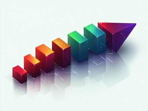 Colorful 3D bar chart composed of geometric blocks and an arrow pointing upward symbolizing growth and progress on a light reflective surface - Powered by Adobe