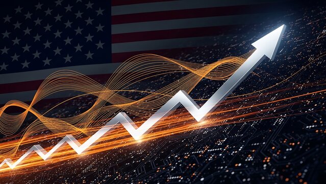 A glowing, upward-trending stock market graph with a large arrow, set against a backdrop of a blurred American flag, symbolizing US economic growth and financial success. - Powered by Adobe