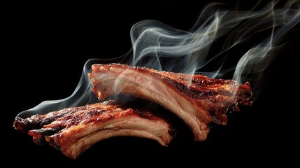 Two succulent, glistening pork ribs, richly browned and slightly charred, rest atop each other against a stark black background, emitting delicate plumes of fragrant smoke