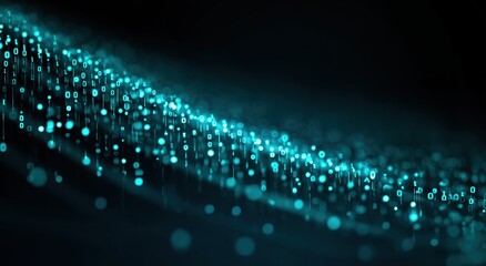digital data stream with binary code waves and particles on a dark blue background, with a glowing turquoise effect Generative AI