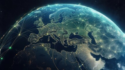 Earth, Europe, network of connections.  Detailed map of Europe with glowing lines connecting continents