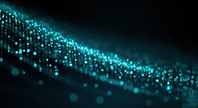 digital data stream with binary code waves and particles on a dark blue background, with a glowing turquoise effect Generative AI