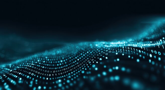 digital data stream of binary code and turquoise waves on a dark blue background, vector illustration for a web banner design or digital technology concept Generative AI