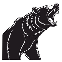 Roaring bear head vector illustration aggressive animal with open mouth and sharp teeth black and white grizzly bear head mascot for sport team or logo