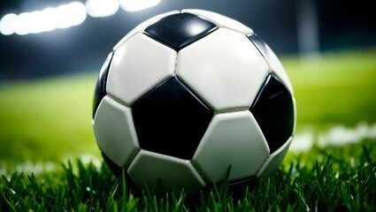 Fototapeta premium A classic black and white soccer ball lies on the green grass.