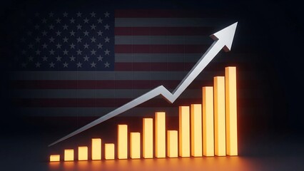 A glowing, upward-trending stock market graph with a large arrow and bar chart, set against a backdrop of a blurred American flag, symbolizing US economic growth and financial success.