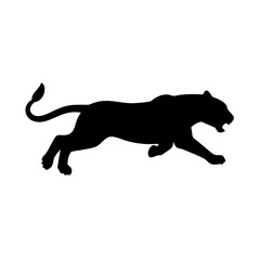 Silhouette of a black panther in a dynamic running pose, , showcasing its sleek form and powerful stride, capturing the essence of agility and grace