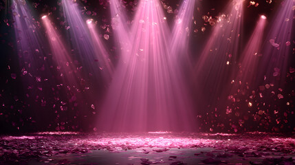 Pink spotlight stage background. Disco party projector light concert or show scene. Magic beam glow for nightclub or award winner with confetti glitter. Congratulation performance bg for celebrity