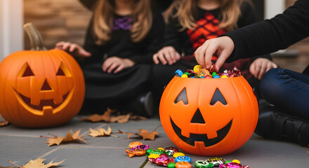 Children s hands reaching for halloween candy from jack o lanterns on a fall day