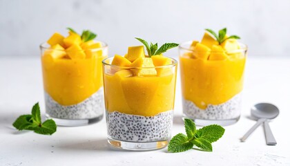 Fototapeta premium Mango Chia Seed Pudding Dessert in Glasses