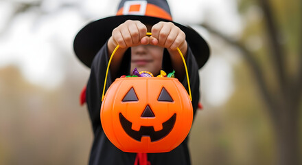Child in halloween costume offers pumpkin candy bucket for trick or treating fun