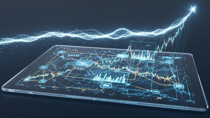 A glowing, upward-trending financial graph and network appear on a transparent tablet, symbolizing financial technology, data analysis, and business growth.