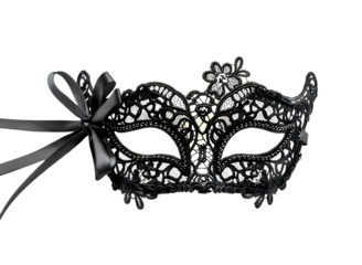 Elegant black lace masquerade mask isolated on transparent background, party concept