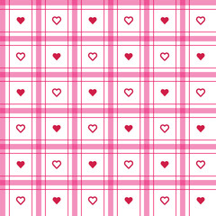 Cute Pink Plaid Pattern with Hearts for Valentine, Fabric, and Background Design. Illustration vector 10 eps.