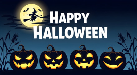 Happy Halloween Night with Flying Witch, Full Moon, and Glowing Jack-o'-Lanterns &ndash; Spooky Vector Illustration for Festive Seasonal Design