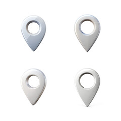 Four grey 3d map pin icons isolated on transparent background