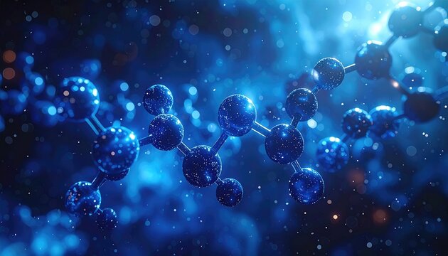 Glowing blue molecule model on dark background - Powered by Adobe