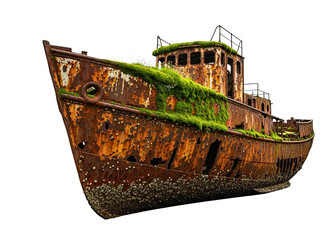Old rusty shipwreck covered with moss isolated on transparent background