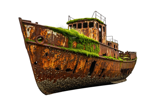 Old rusty shipwreck covered with moss isolated on transparent background