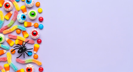 Fototapeta premium A spooky assortment of halloween candies including gummy worms eyeballs and spiders on a pastel background