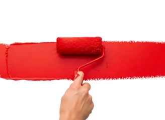 Hand painting with red paint roller isolated on transparent background