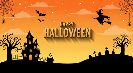 Happy Halloween Spooky Night Vector Background with Haunted House, Flying Witch, Bats, and Graveyard Silhouettes. Perfect for Festive Holiday Party Invitations and Digital Designs.