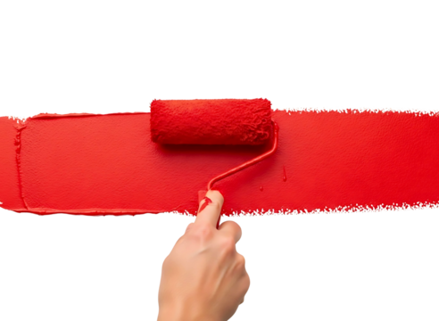 Hand painting with red paint roller isolated on transparent background