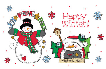 Isolated pattern Vintage Cute Snowman with Christmas Text and Snowflakes and Birds- Christmas Vintage Snowman Vector Illustration for kids
