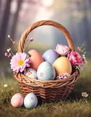 Easter basket filled with decorated eggs and flowers