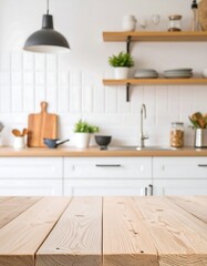 Fototapeta premium A blurry, light and airy kitchen, with a wooden table in focus