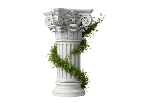 Ancient greek column with green ivy isolated on transparent background
