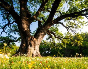 Majestic oak tree in a meadow
