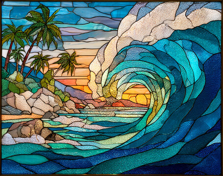 A stained glass painting of an ocean wave in the style of hawaiian tiki art, with palm trees on a beach with rocks and sand.  A tropical scene, with detailed patterns and textures.