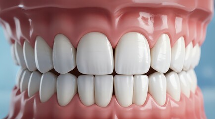 Perfect Smile: A detailed view showcases a perfect set of healthy, aligned teeth, highlighting the importance of oral hygiene.