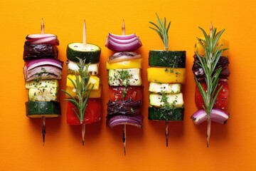 Five colorful vegetable skewers on orange