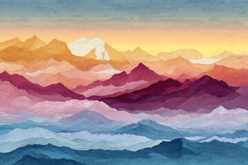 Sunset over layered, colorful mountain ranges
