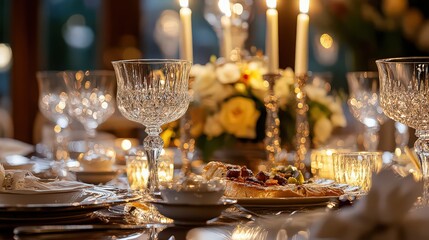 An elegant table setting with crystal glasses, candles, and floral arrangements creates a warm and inviting atmosphere for a special occasion or celebration