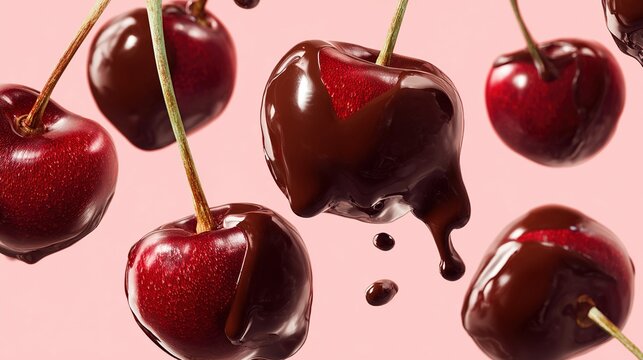 Chocolate-covered cherries in mid-air against a soft pink background.  Drizzle of melted chocolate coats some cherries, with droplets falling
