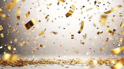 Falling Golden Confetti on Light - Gray Background for Celebrations