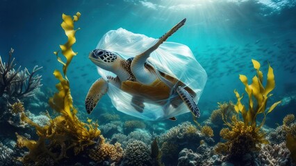 A sea turtle entangled in plastic waste in the ocean.  A plastic bag traps the turtle's flippers.  Coral reef and seaweed surround the turtle.  Sunlight streams from above