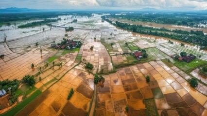 Aerial view of flooded rice paddies.  Vast expanse of  waterlogged farmland.  Houses and small villages dot the landscape.  Cloudy sky above.  Natural agricultural patterns