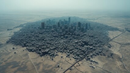 Aerial view of a sprawling city nestled in a vast, beige desert landscape.  Gray-toned buildings densely cluster, surrounded by arid land.  A hazy atmosphere gives a muted feel