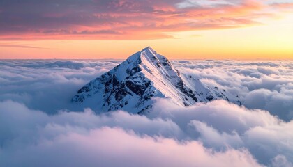 Snowcapped Mountain Peak Above Clouds at Sunset