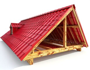 3D model of a red roofed house's framework